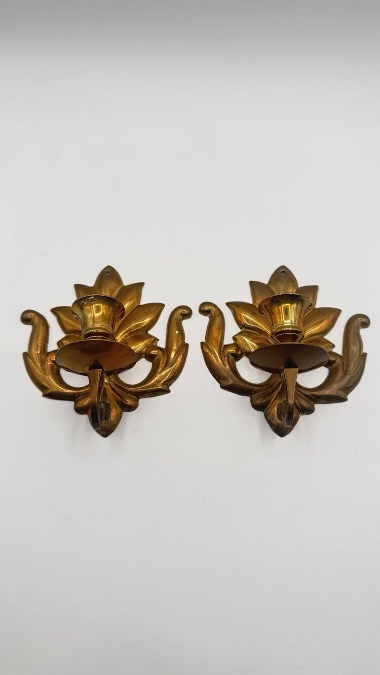 VTG Set Of 2 Solid Brass MCM Made In India Wall Candle Sconces